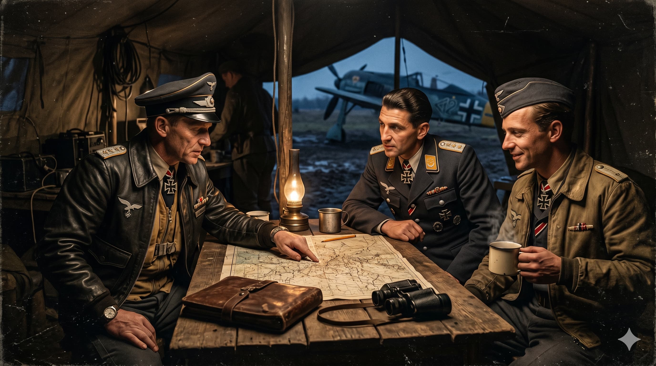 Трима пилоти на Луфтвафе на брифинг пред Bf 109