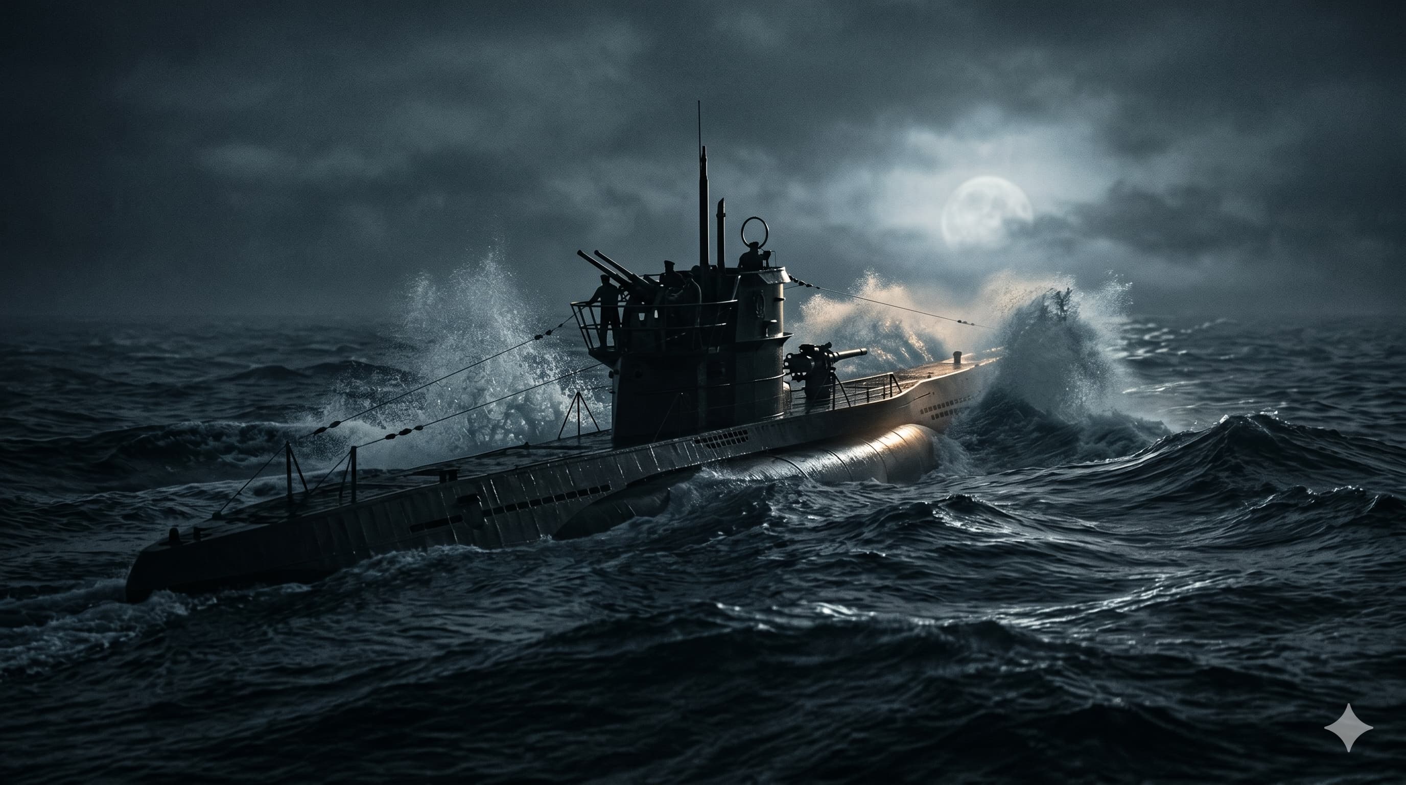 Германска подводница на повърхността в бурно море нощем