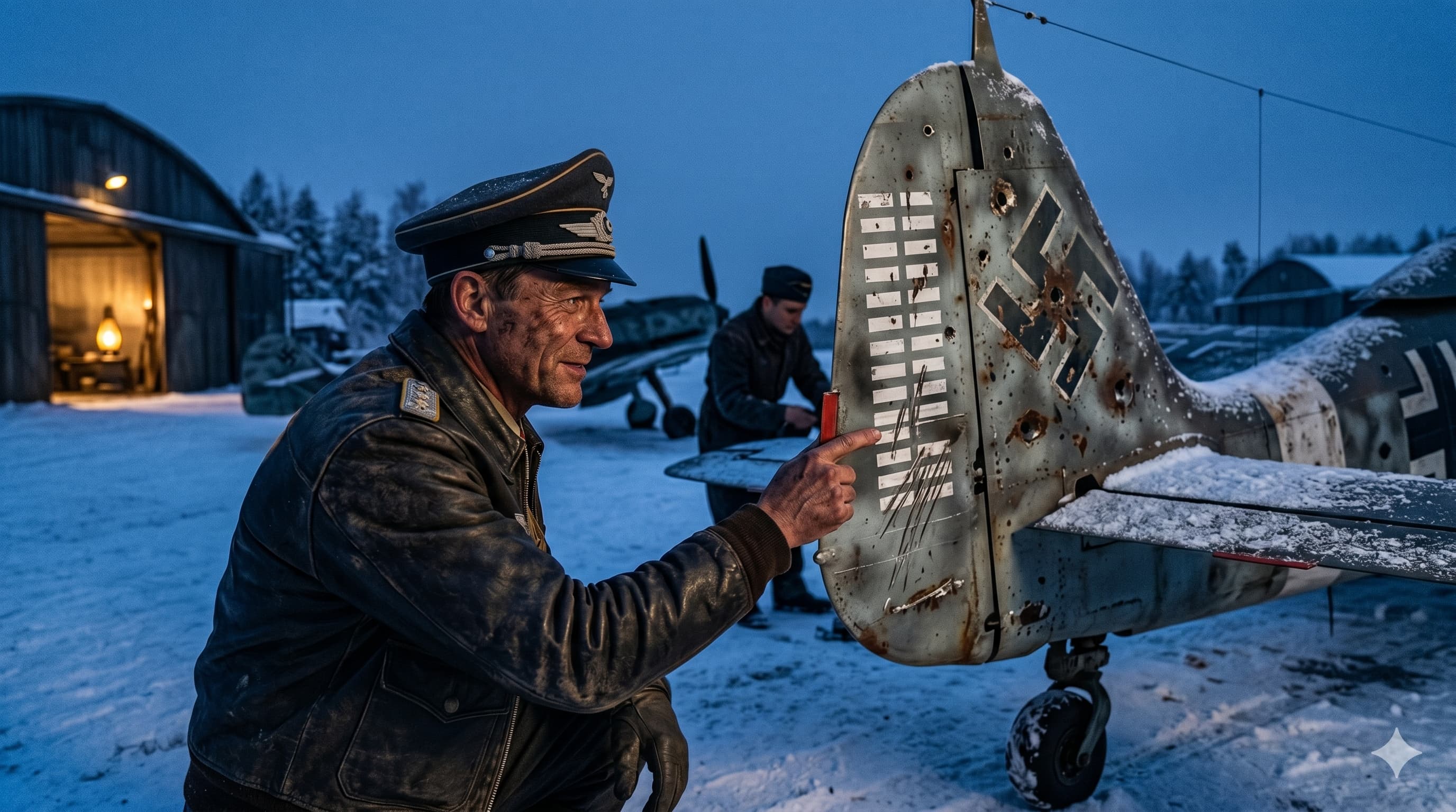 Пилот инспектира победни знаци по кормилото на Bf 109